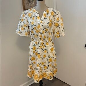 Joie Ruffled Dress Puff Sleeve Cotton Yellow Floral Belted with Pockets 12